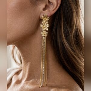 VA.KA Gold Tone Rhinestone Flower Tassel Drop Earrings